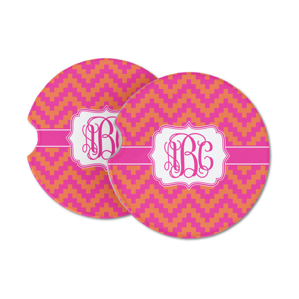 Custom Pink & Orange Chevron Sandstone Car Coasters - Set of 2 (Personalized)