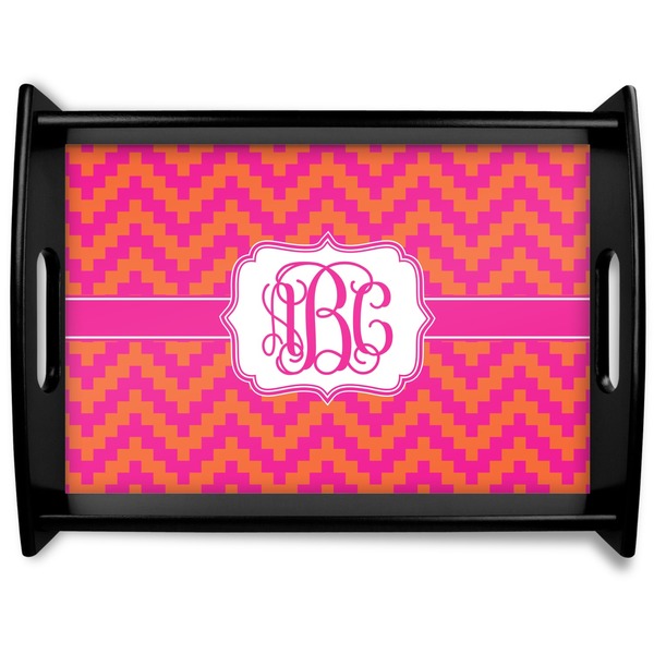 Custom Pink & Orange Chevron Black Wooden Tray - Large (Personalized)