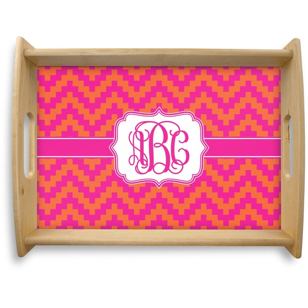 Custom Pink & Orange Chevron Natural Wooden Tray - Large (Personalized)