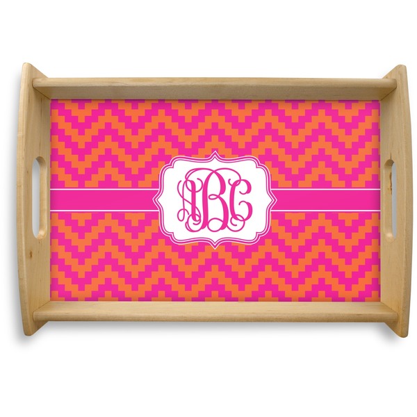 Custom Pink & Orange Chevron Natural Wooden Tray - Small (Personalized)