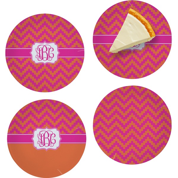 Custom Pink & Orange Chevron Set of 4 Glass Appetizer / Dessert Plate 8" (Personalized)
