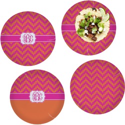 Pink & Orange Chevron Set of 4 Glass Lunch / Dinner Plate 10" (Personalized)