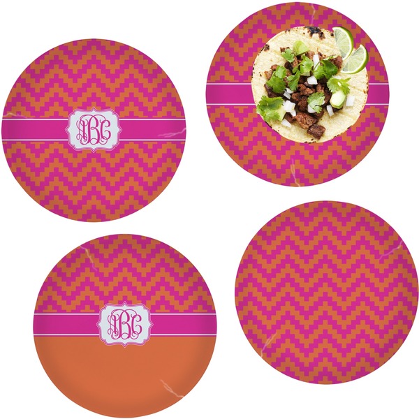 Custom Pink & Orange Chevron Set of 4 Glass Lunch / Dinner Plate 10" (Personalized)