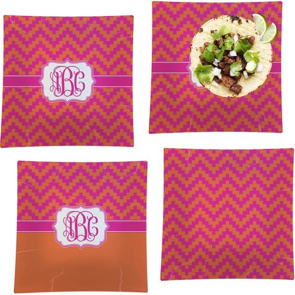 Custom Pink & Orange Chevron Set of 4 Glass Square Lunch / Dinner Plate 9.5" (Personalized)