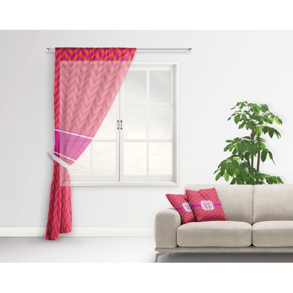 Pink & Orange Chevron Sheer Curtain With Window and Rod - in Room Matching Pillow