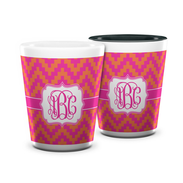 Custom Pink & Orange Chevron Ceramic Shot Glass - 1.5 oz (Personalized)