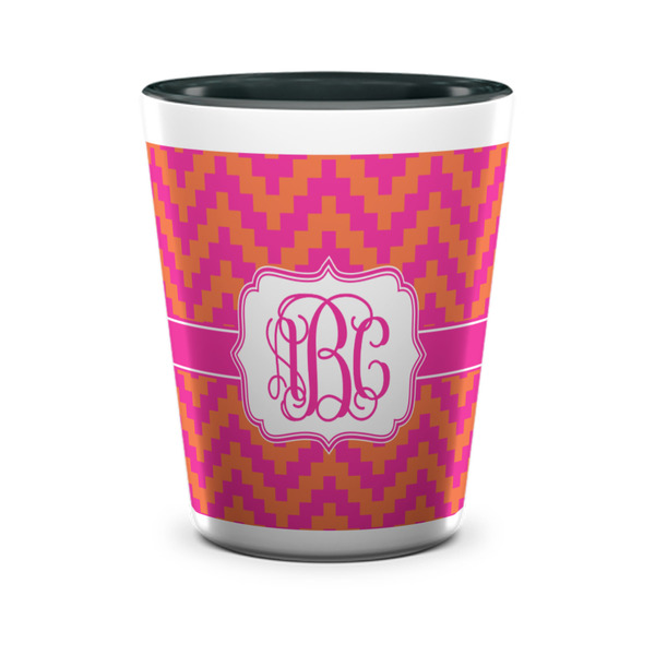 Custom Pink & Orange Chevron Ceramic Shot Glass - 1.5 oz - Two Tone - Set of 4 (Personalized)