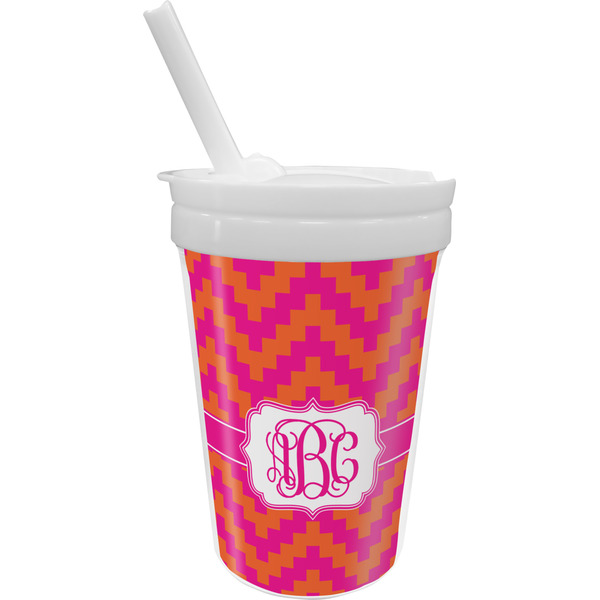 Custom Pink & Orange Chevron Sippy Cup with Straw (Personalized)