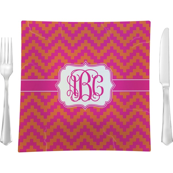 Custom Pink & Orange Chevron 9.5" Glass Square Lunch / Dinner Plate- Single or Set of 4 (Personalized)