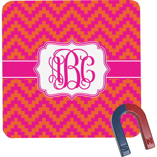 Custom Pink & Orange Chevron Square Fridge Magnet (Personalized)