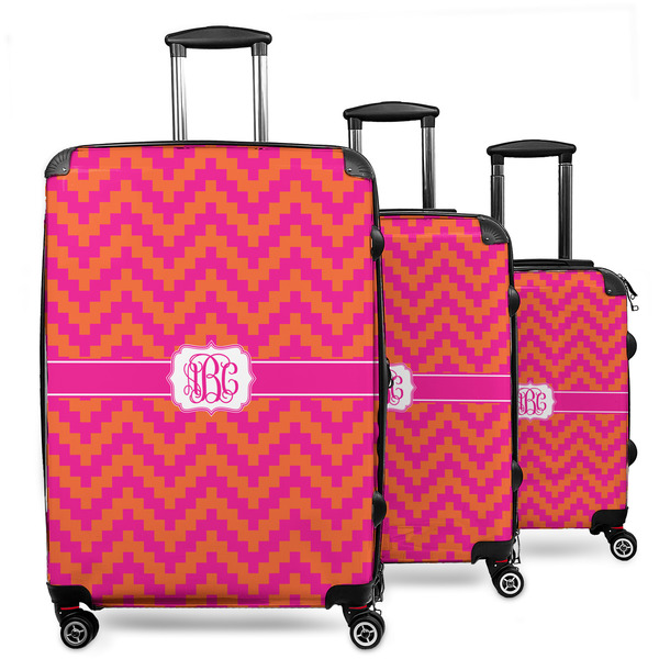 Custom Pink & Orange Chevron 3 Piece Luggage Set - 20" Carry On, 24" Medium Checked, 28" Large Checked (Personalized)