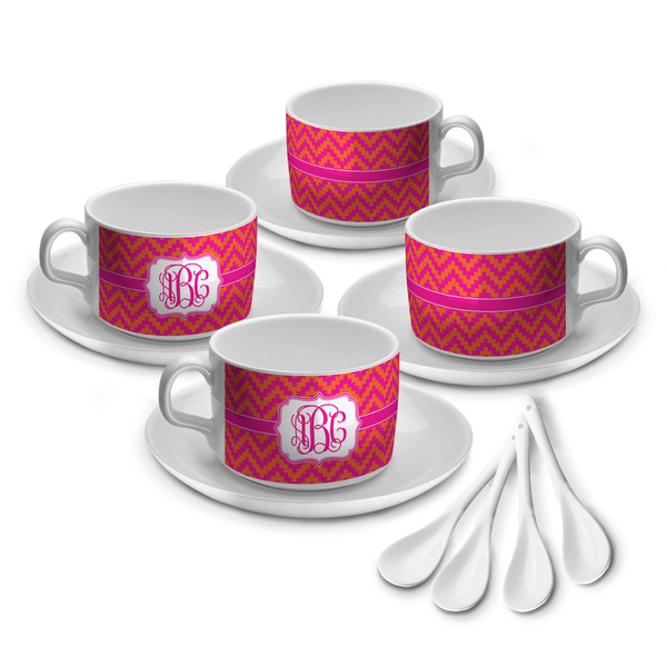 Custom Pink & Orange Chevron Tea Cup - Set of 4 (Personalized)