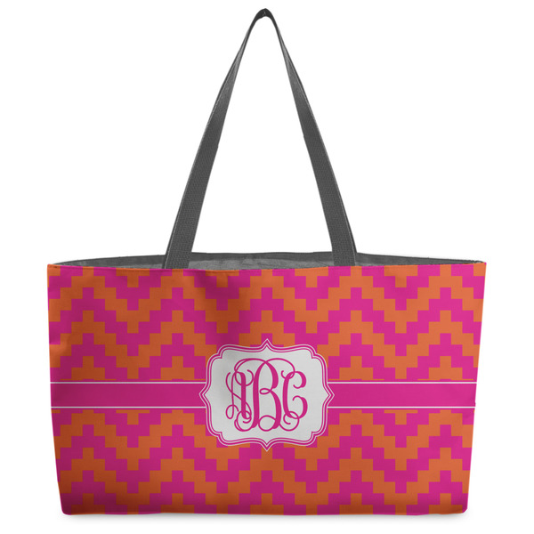 Custom Pink & Orange Chevron Beach Totes Bag - w/ Black Handles (Personalized)