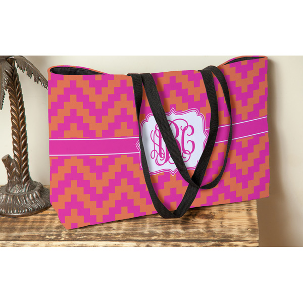 Pink & Orange Chevron Tote w/Black Handles - Lifestyle View
