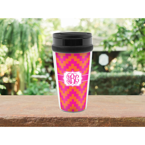 Pink & Orange Chevron Travel Mug Lifestyle (Personalized)