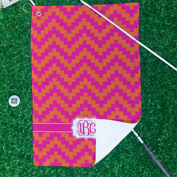 Pink & Orange Chevron Waffle Weave Golf Towel - In Context