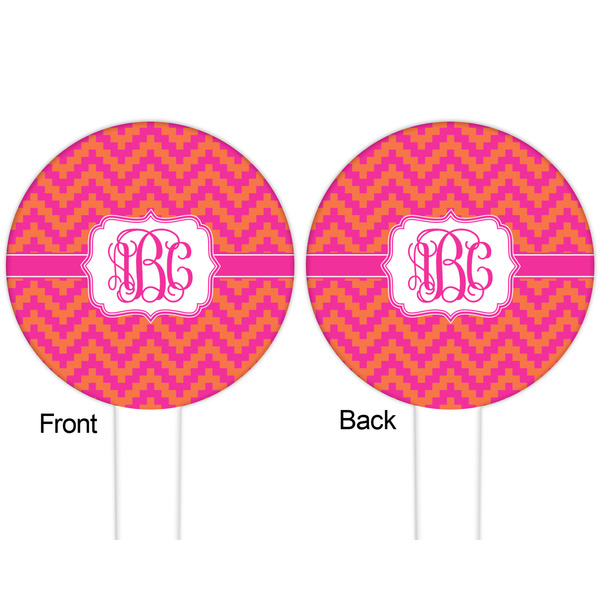Pink & Orange Chevron White Plastic 6" Food Pick - Round - Double Sided - Front & Back