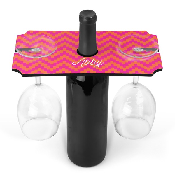 Custom Pink & Orange Chevron Wine Bottle & Glass Holder (Personalized)