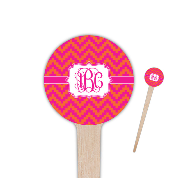 Custom Pink & Orange Chevron 4" Round Wooden Food Picks - Double Sided (Personalized)