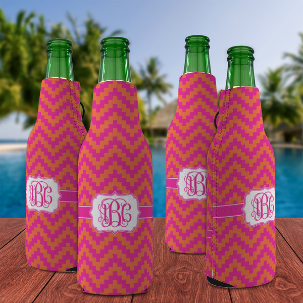 Pink & Orange Chevron Zipper Bottle Cooler - Set of 4 - LIFESTYLE