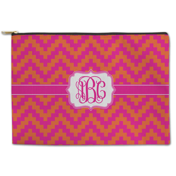 Custom Pink & Orange Chevron Zipper Pouch - Large - 12.5"x8.5" (Personalized)