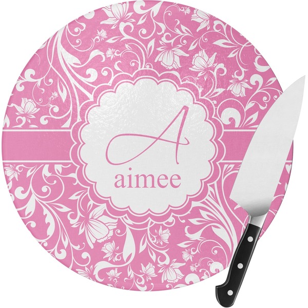 Custom Floral Vine Round Glass Cutting Board - Small (Personalized)