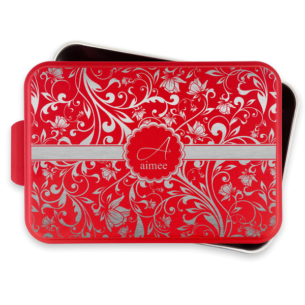 Floral Vine Aluminum Baking Pan - Red Lid - FRONT w/lif off