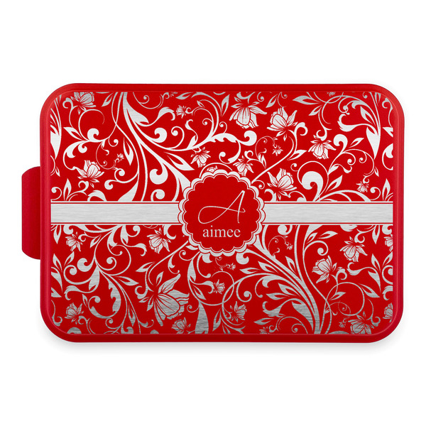 Custom Floral Vine Aluminum Baking Pan with Red Lid (Personalized)