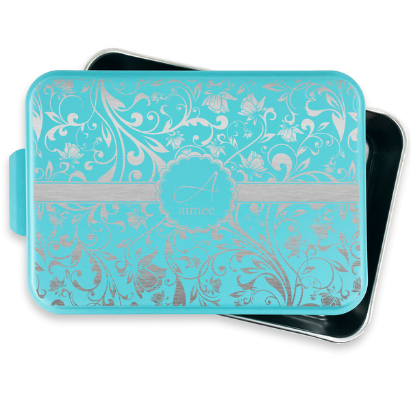 Floral Vine Aluminum Baking Pan - Teal Lid - FRONT w/ lid off