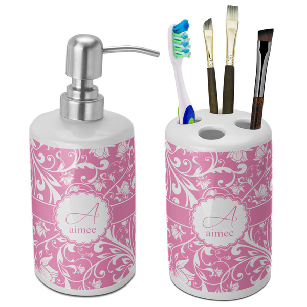 Custom Floral Vine Ceramic Bathroom Accessories Set (Personalized)