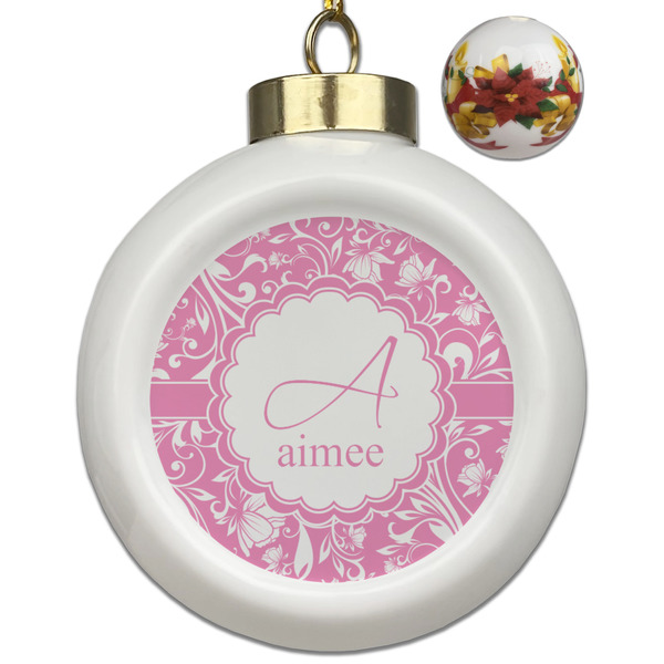 Custom Floral Vine Ceramic Ball Ornaments - Poinsettia Garland (Personalized)