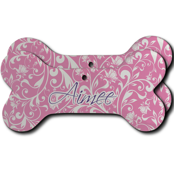 Custom Floral Vine Ceramic Dog Ornament - Front & Back w/ Name and Initial