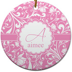 Floral Vine Round Ceramic Ornament w/ Name and Initial