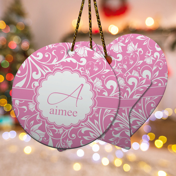 Custom Floral Vine Ceramic Ornament w/ Name and Initial