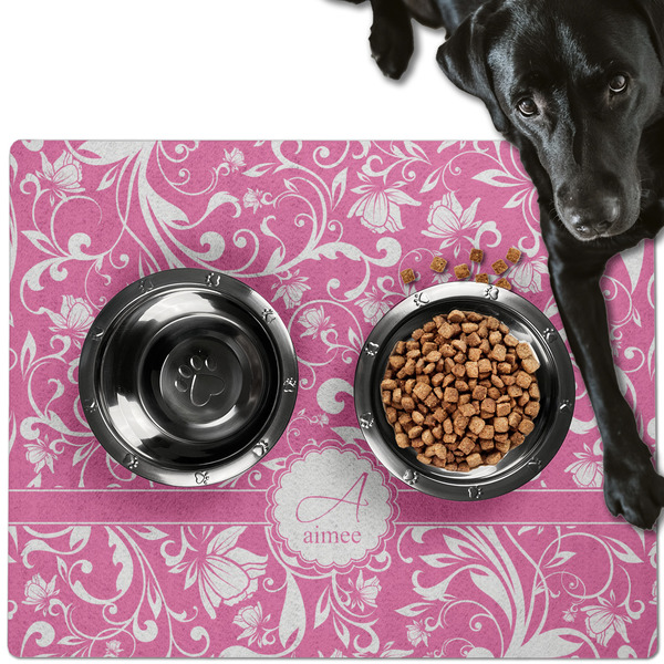 Custom Floral Vine Dog Food Mat - Large w/ Name and Initial