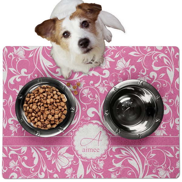 Custom Floral Vine Dog Food Mat - Medium w/ Name and Initial