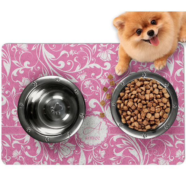 Custom Floral Vine Dog Food Mat - Small w/ Name and Initial