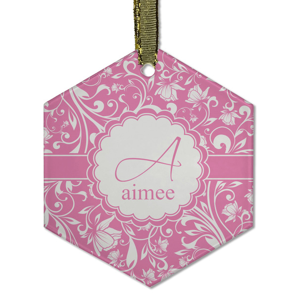 Custom Floral Vine Flat Glass Ornament - Hexagon w/ Name and Initial