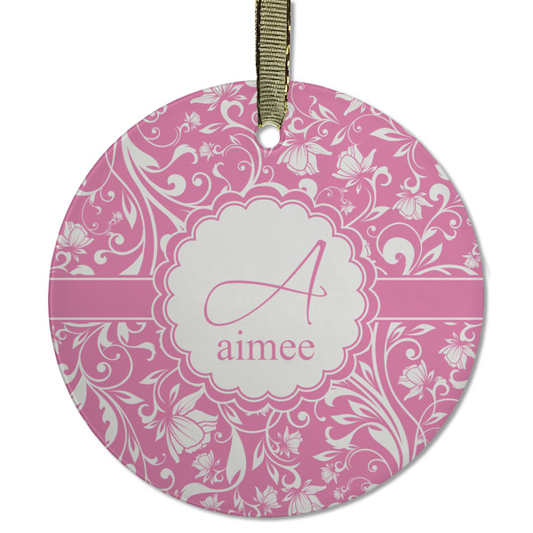 Custom Floral Vine Flat Glass Ornament - Round w/ Name and Initial