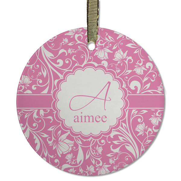 Custom Floral Vine Flat Glass Ornament - Round w/ Name and Initial