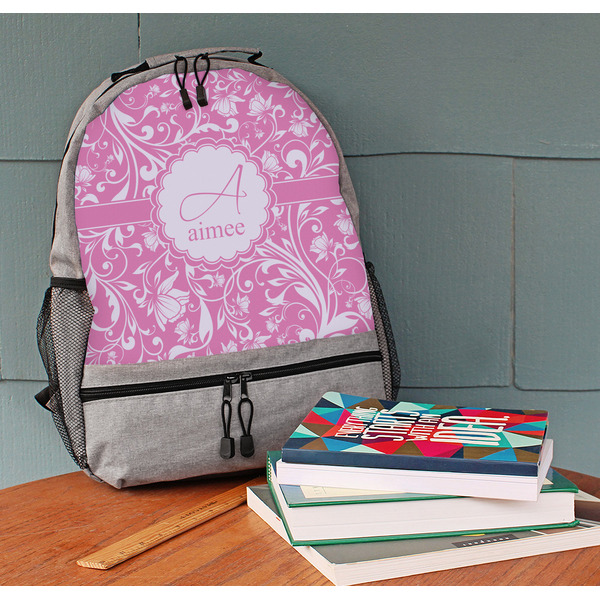 Floral Vine Large Backpack - Gray - On Desk