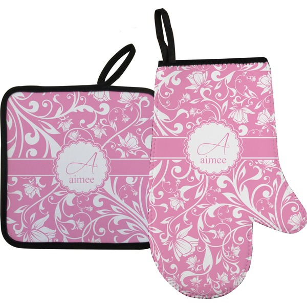 Custom Floral Vine Right Oven Mitt & Pot Holder Set w/ Name and Initial