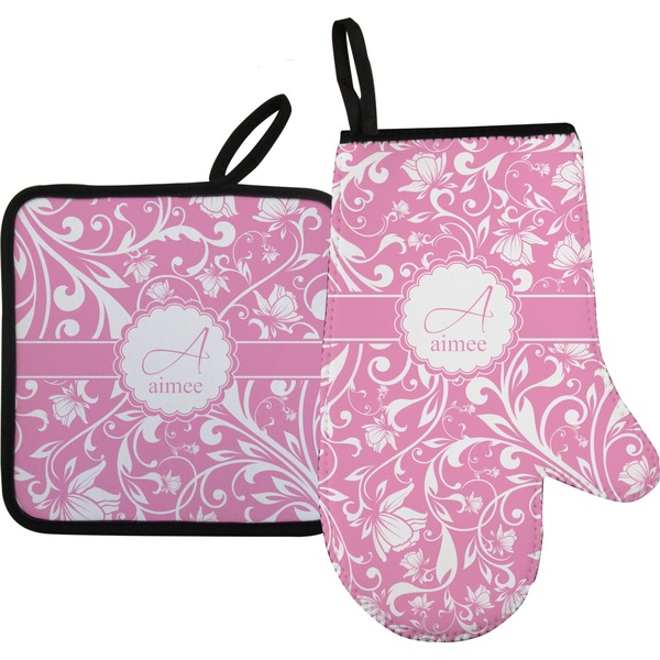 Custom Floral Vine Oven Mitt & Pot Holder Set w/ Name and Initial