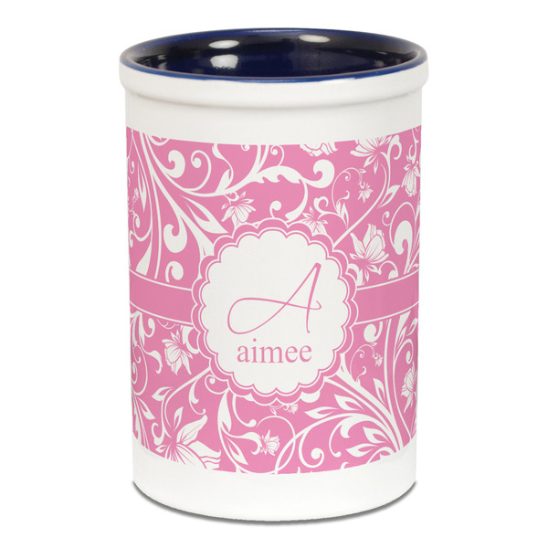 Custom Floral Vine Ceramic Pencil Holders - Blue