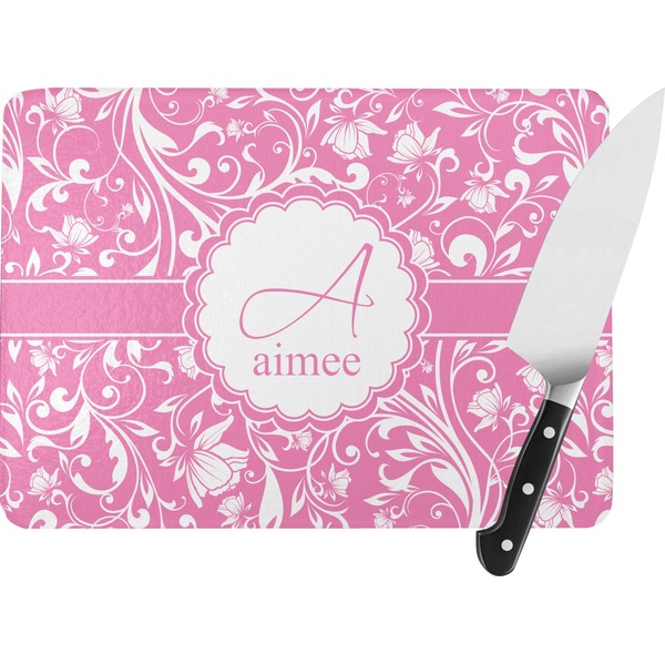 Custom Floral Vine Rectangular Glass Cutting Board - Large - 15.25"x11.25" w/ Name and Initial