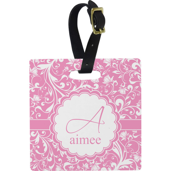 Custom Floral Vine Plastic Luggage Tag - Square w/ Name and Initial