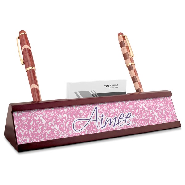 Custom Floral Vine Red Mahogany Nameplate with Business Card Holder (Personalized)