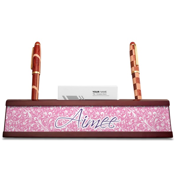 Floral Vine Red Mahogany Nameplates with Business Card Holder - Straight