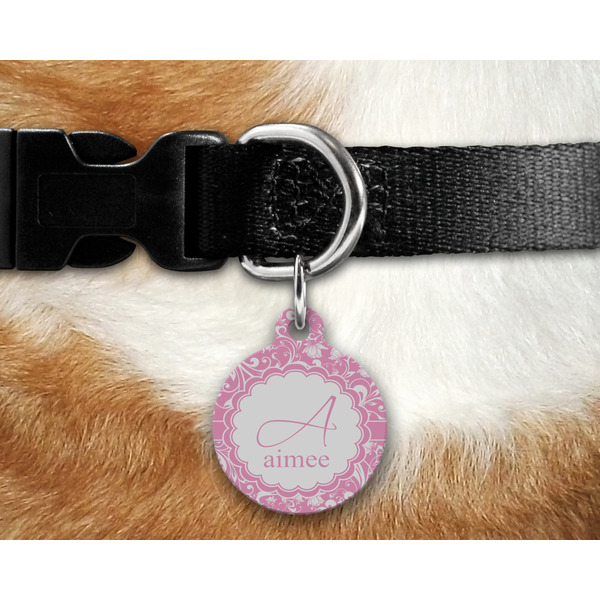 Floral Vine Round Pet Tag on Collar & Dog