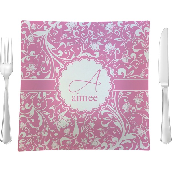 Custom Floral Vine 9.5" Glass Square Lunch / Dinner Plate- Single or Set of 4 (Personalized)